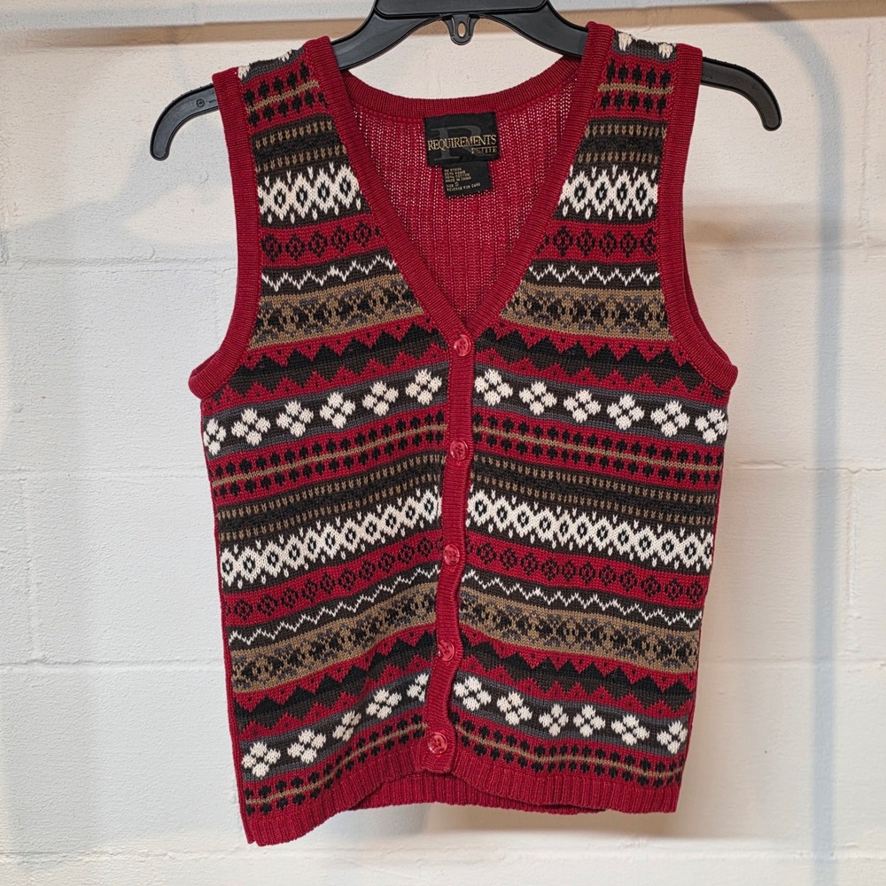 Requirements Petite Red Fair Isle Button Front Sweater Vest Ramie Cotton Small